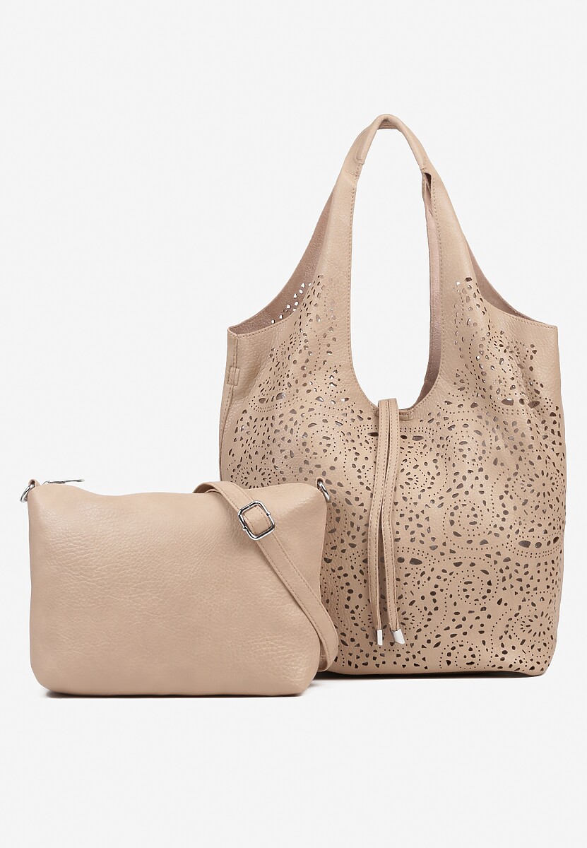 Ciemnobeżowa Torebka Shopper z Ażurowym Wzorem i Dodatkową Saszetką Merabella