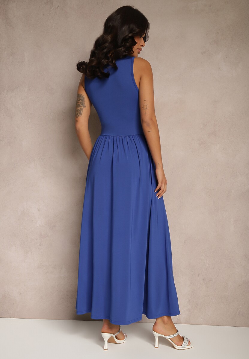 Niebieska Rozkloszowana Sukienka z Wiskozą i Kwadratowym Dekoltem Ravvia