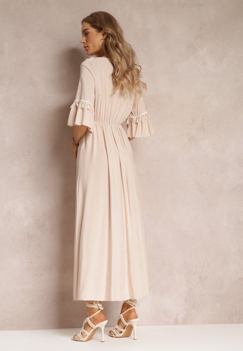 Beżowa Sukienka Maxi z Gumką w Talii z Ozdobnymi Chwostami z Wiskozy Zisel