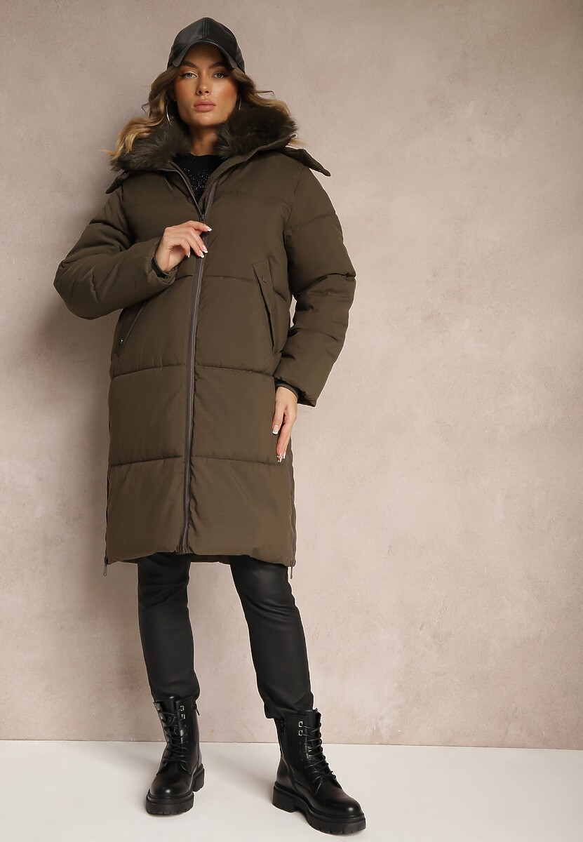 Zielona Kurtka o Długim Kroju z Pikowaniem Odpinanym Futerkiem i Kapturem Vilathra