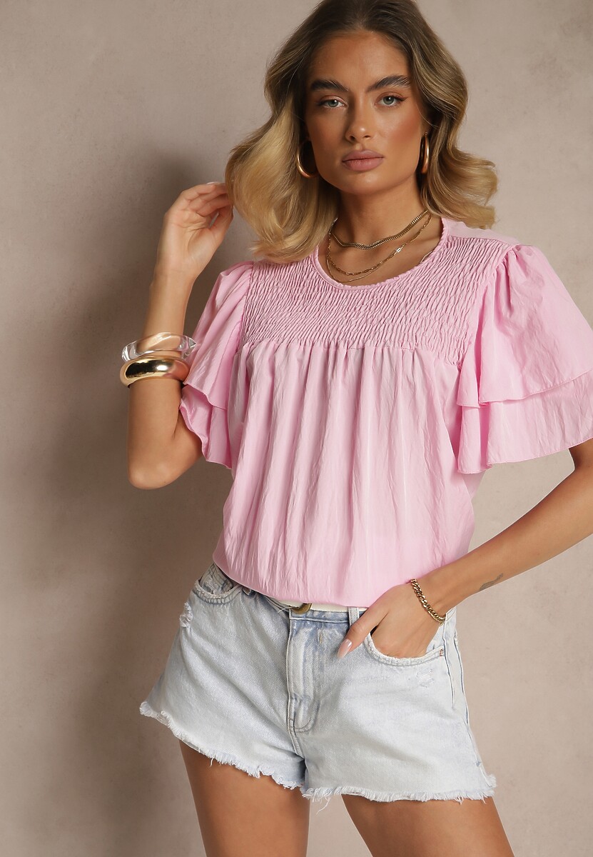 Różowa Trapezowa Bluzka z Wiskozą Zdobiona Falbankami i Elastyczną Wstawką Mirlimi