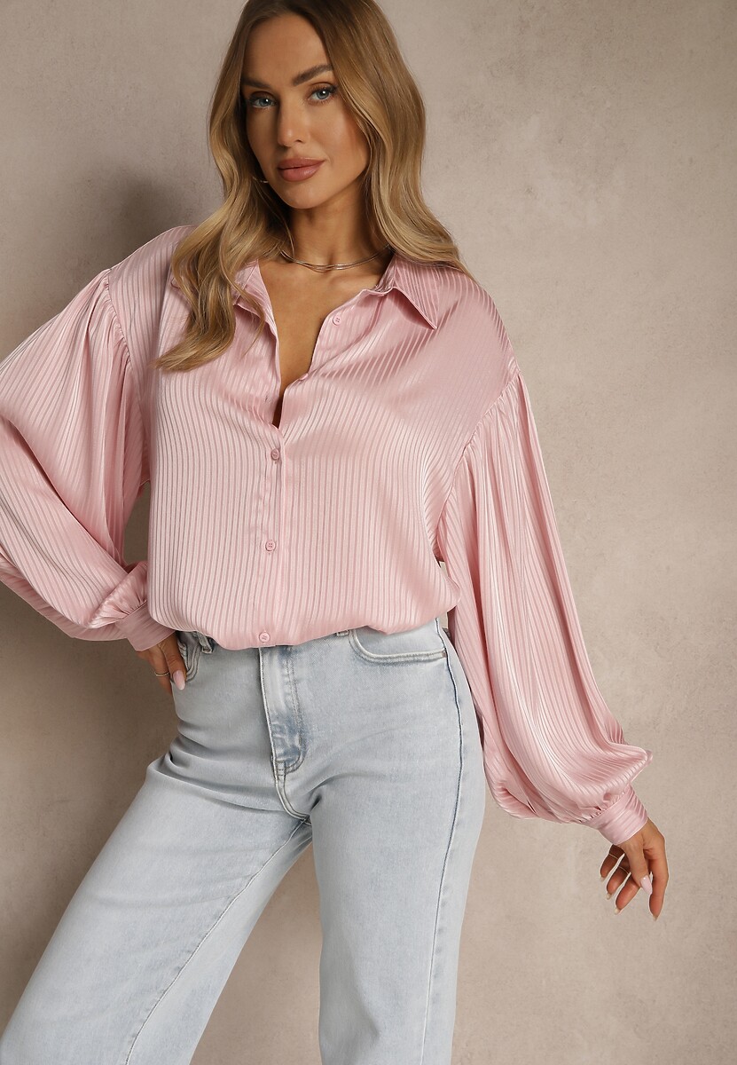 Różowa Koszula z Dłuższym Tyłem i Bufiastymi Rękawami Zivane