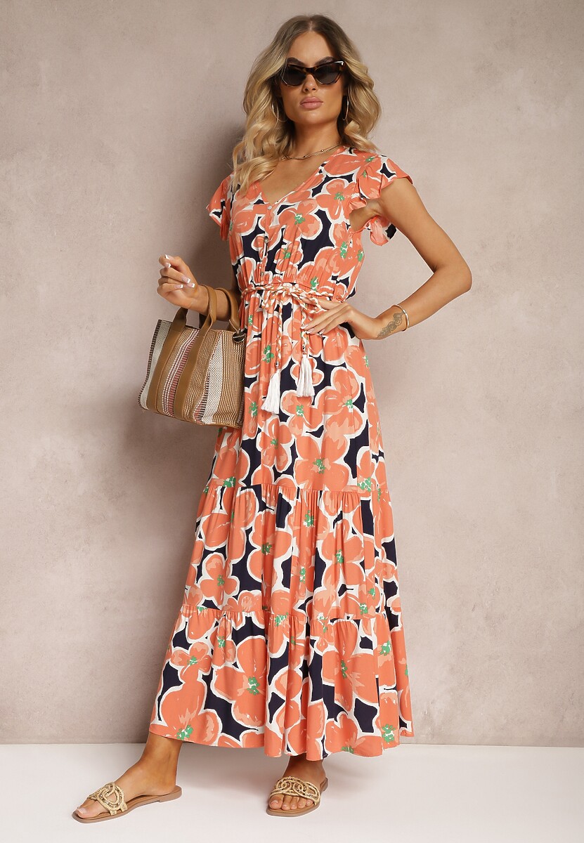Pomarańczowa Kwiecista Sukienka z Wiskozy z Gumką w Talii Wiązana Materiałowym Paskiem Vikennia