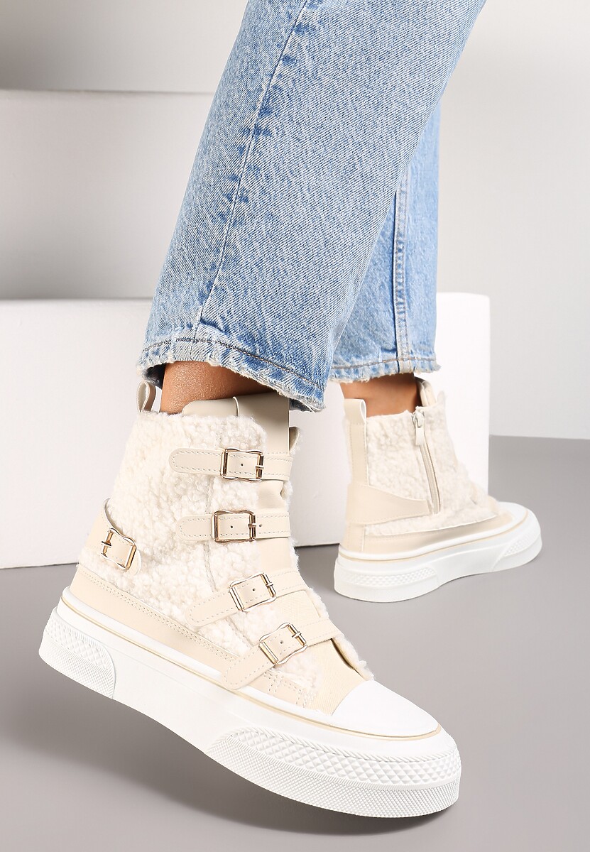 Beżowe Trampki na Grubej Podeszwie z Ozdobnymi Klamerkami Rokitta