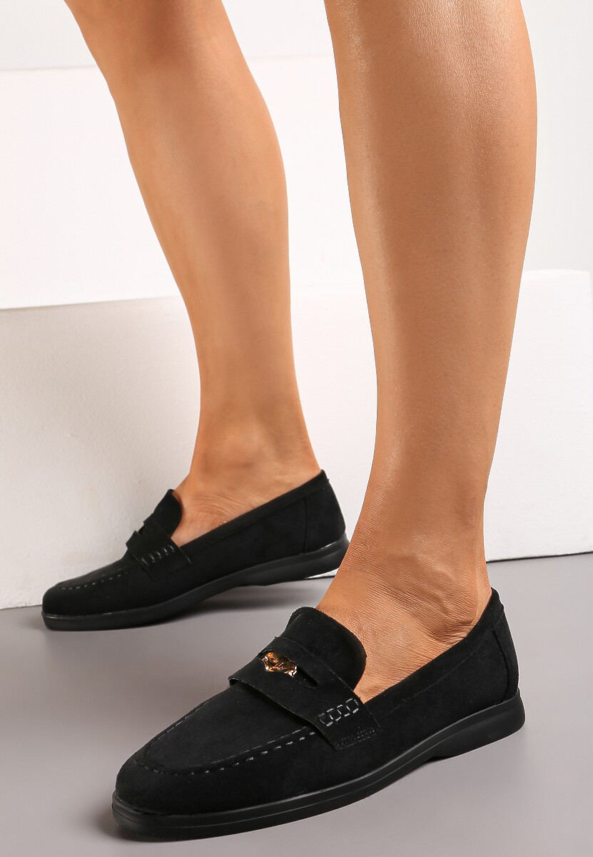 Czarne Klasyczne Mokasyny z Imitacji Zamszu z Klamerką Dorellia