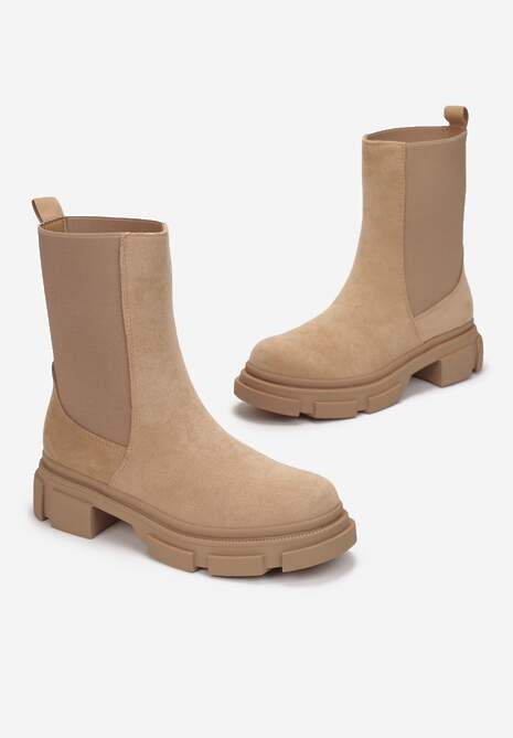 Ciemnobeżowe Botki na Grubej Podeszwie z Elastyczną Cholewką Batteux