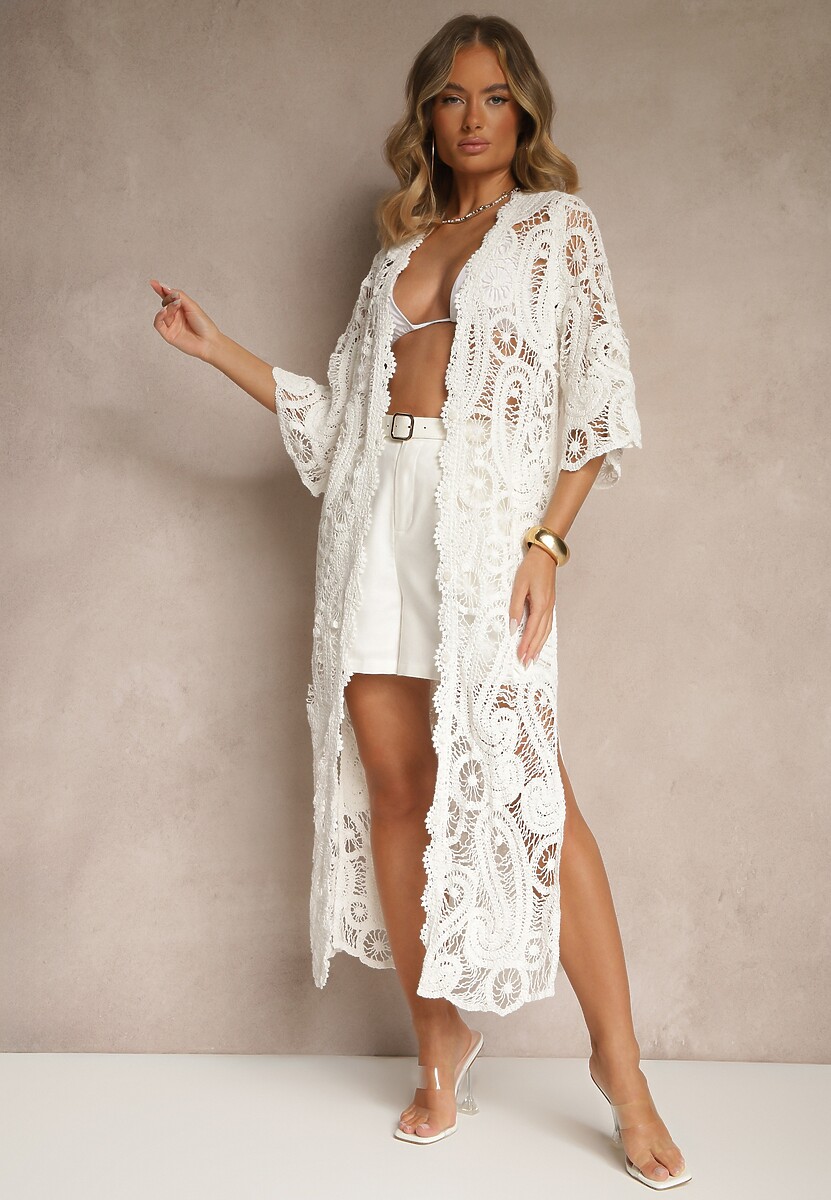 Beżowa Narzutka z Bawełny z Ażurowym Wzorem Kolorissa