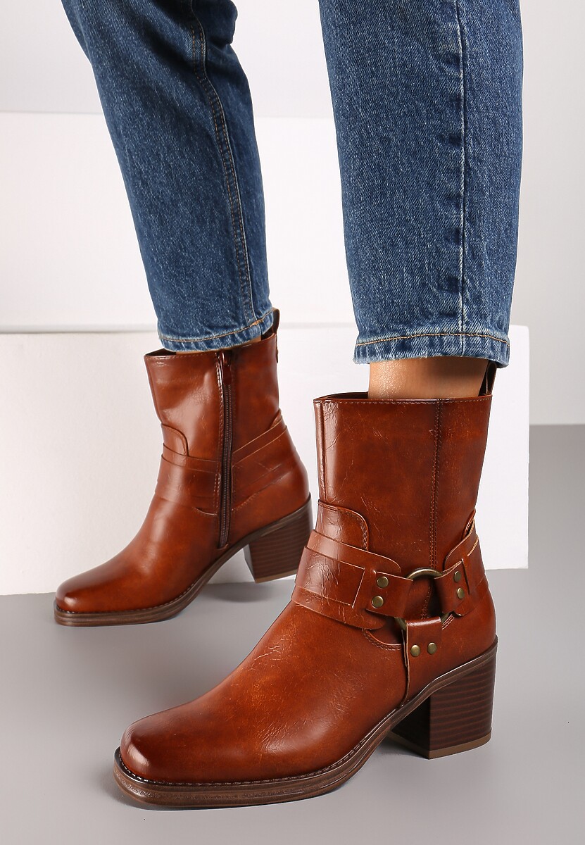 Brązowe Botki Bikery na Słupku z Klamrami i Paskami Verissca