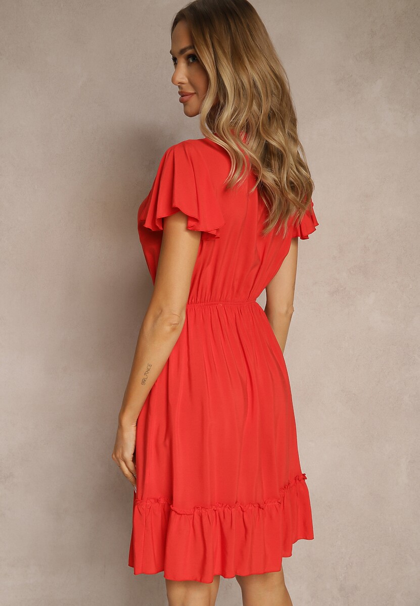 Czerwona Sukienka Rozkloszowana z Bawełny Ozdobiona Falbanami i Guzikami Zoliova