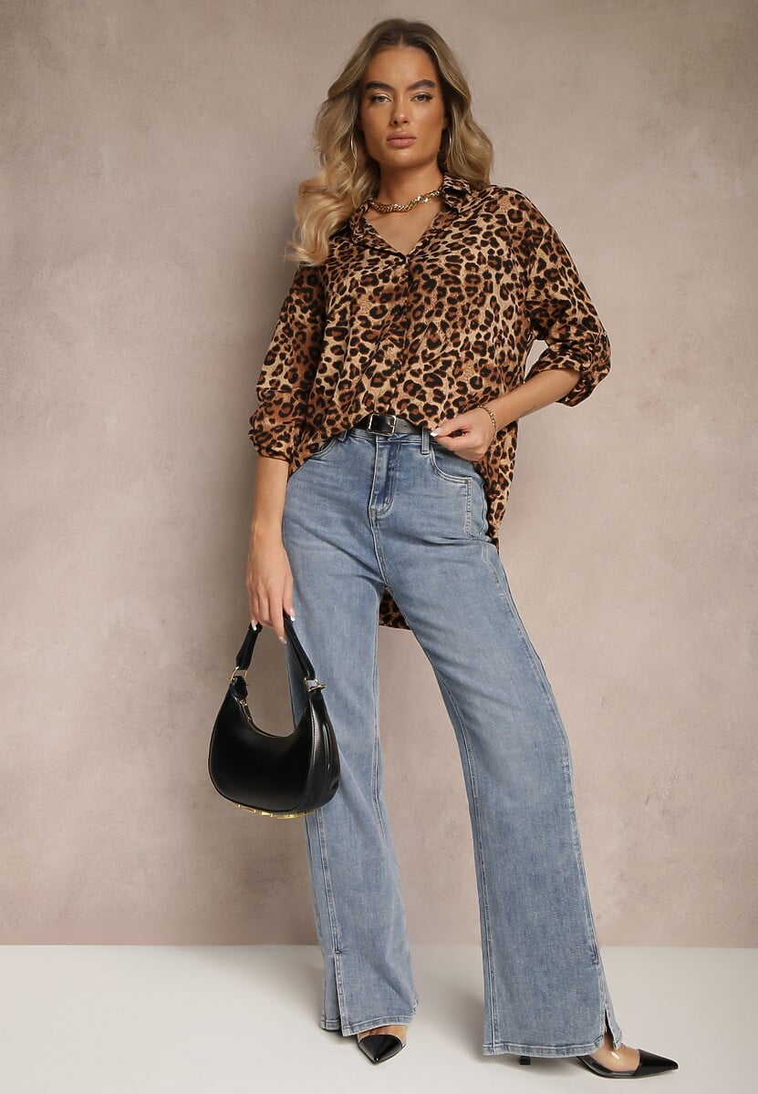 Brązowa Koszula w Panterkę z Bawełną z Rękawami z Regulacją Preadia