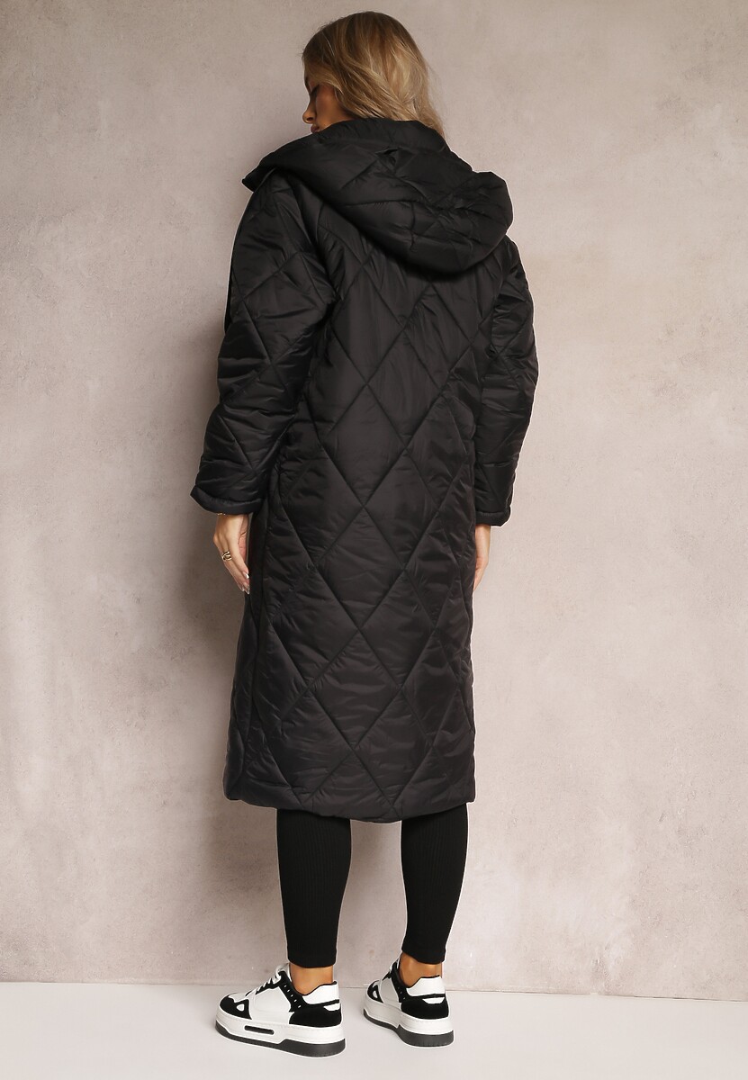 Czarna Pikowana Kurtka z Nieodpinanym Kapturem o Długim Fasonie Siyella
