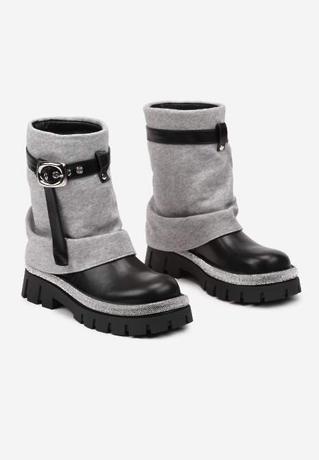 Szaro-Czarne Botki z Cholewką Imitującą Nogawkę Zdobione Cyrkoniami i Paskiem z Klamrą Toriyana