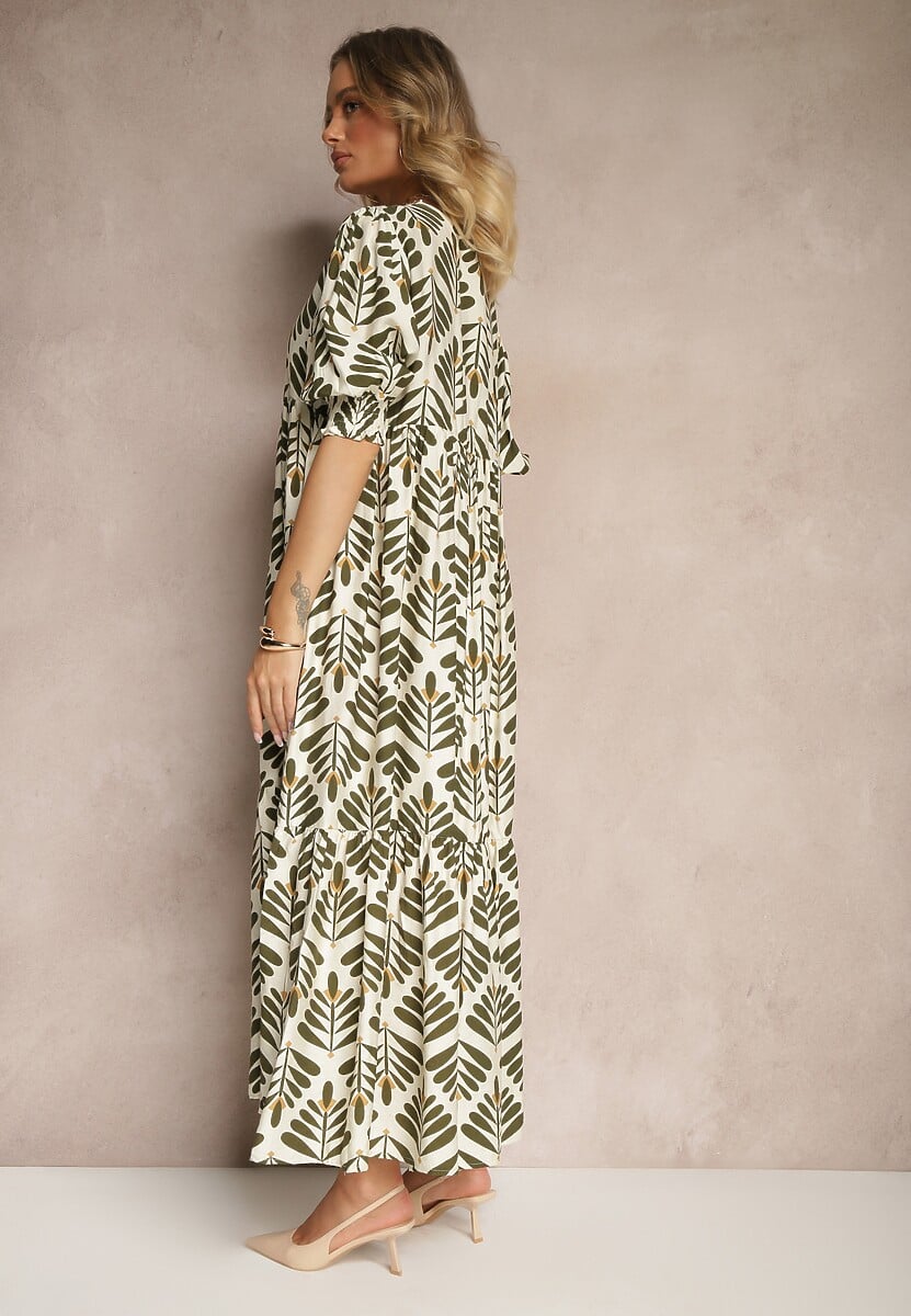 Zielona Sukienka z Wiskozą o Rozkloszowanym Kroju w Roślinny Wzór Heledis