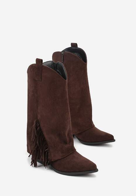 Brązowe Botki Kowbojki na Stożku Ozdobione Frędzlami Reielle