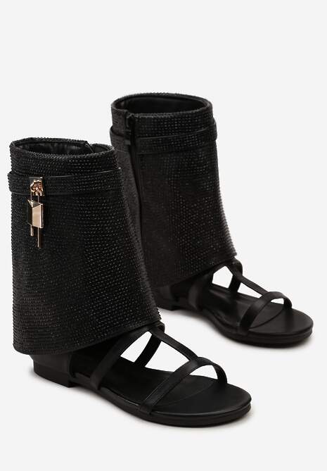 Czarne Sandały z Modnie Wywiniętą Cholewką z Cyrkoniami Intirra