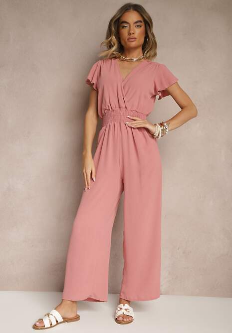 Różowy Kombinezon o Kopertowym Kroju z Gumką w Talii Martalia
