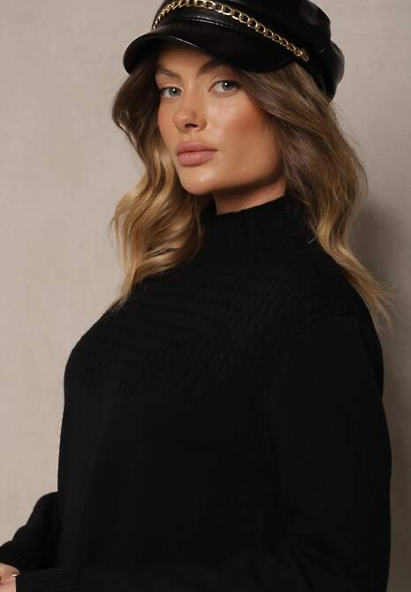 Czarny Sweter Półgolf z Bawełną i Kieszenią z Przodu Emittes