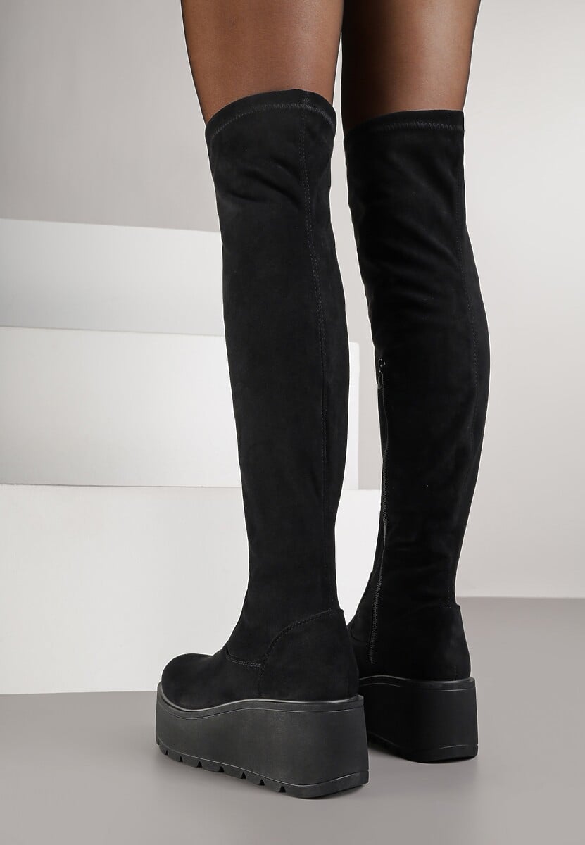 Czarne Casualowe Kozaki na Platformie i Koturnie z Dopasowaną Cholewką Erissia