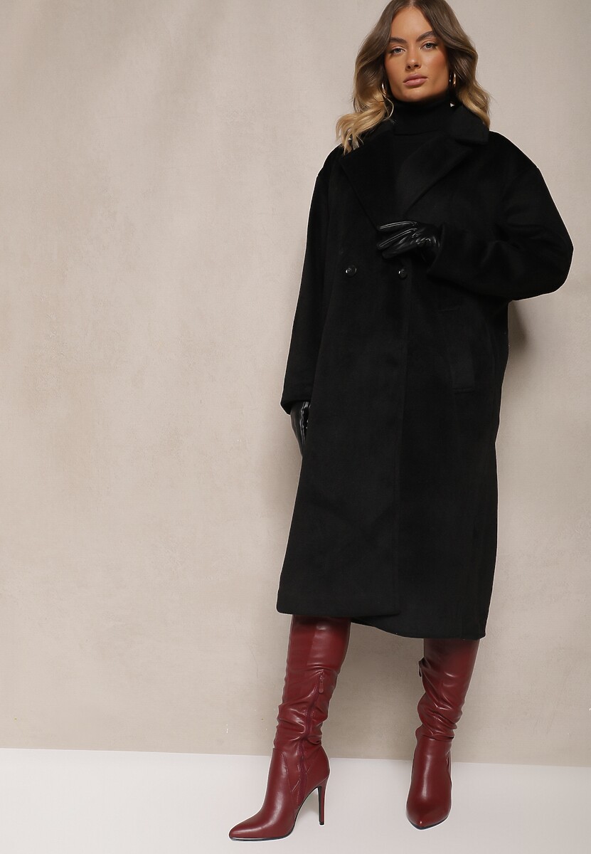 Czarny Klasyczny Płaszcz o Dwurzędowym Kroju z Kieszeniami Malwilina