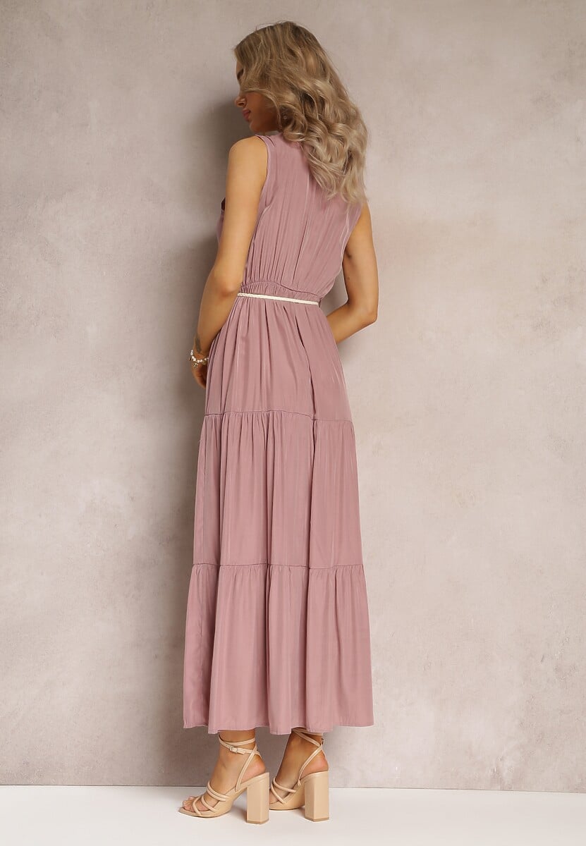 Różowa Sukienka Maxi o Rozkloszowanym Fasonie z Ozdobnym Sznurkiem i Trójkątnym Dekoltem Zornitsa