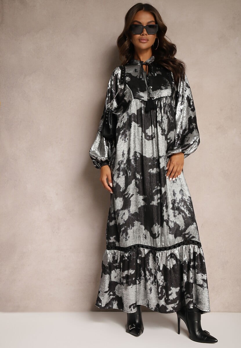 Srebrno-Czarna Sukienka Wiązana przy Dekolcie z Metaliczną Nitką o Pudełkowym Fasonie Rorirae