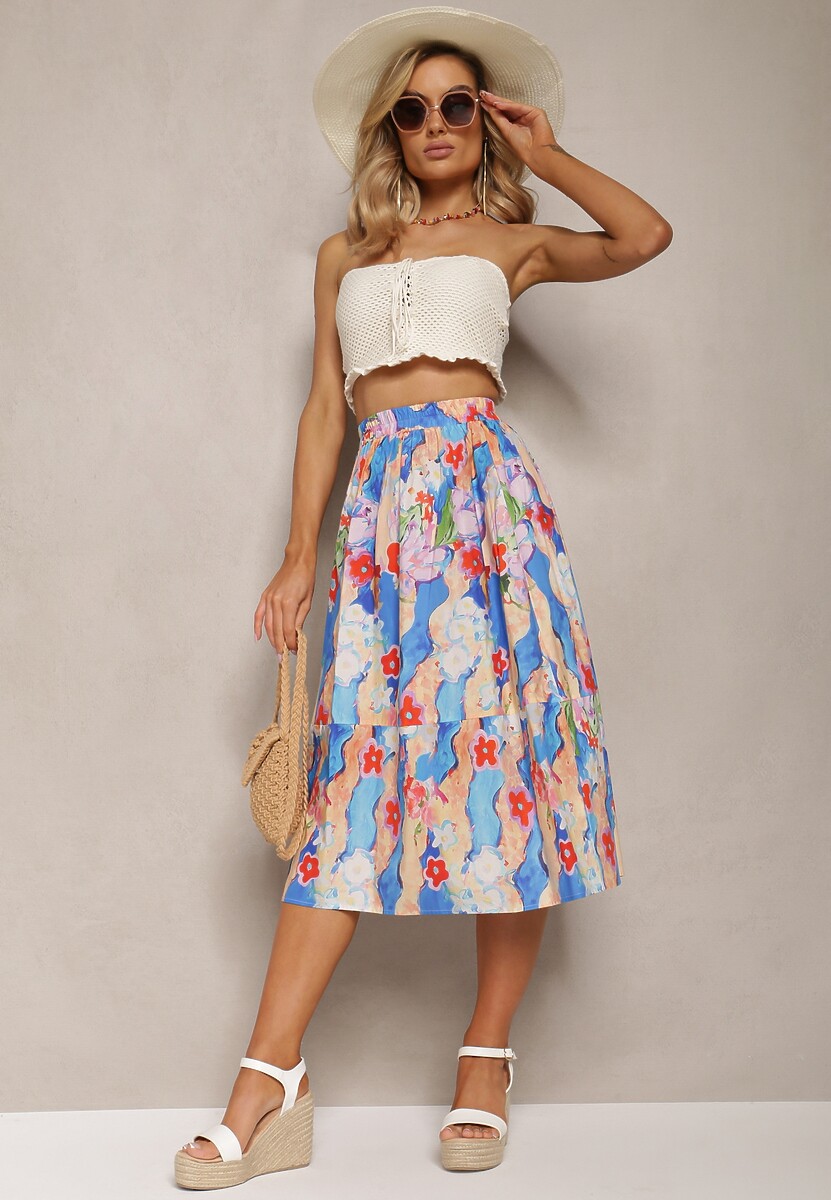 Niebiesko-Beżowa Bawełniana Spódnica o Rozkloszowanym Kroju w Abstrakcyjny Wzór Traipe