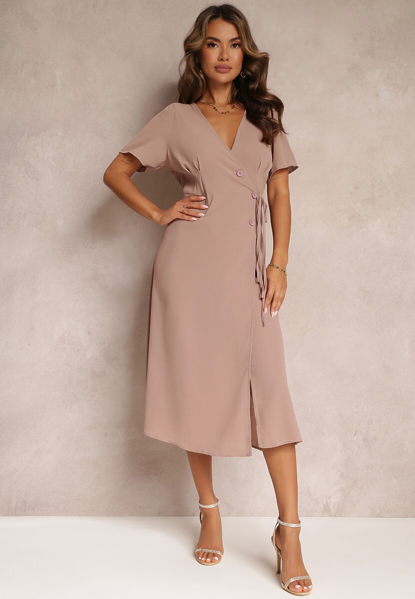 Fuksjowa Sukienka Midi z Kopertowym Dekoltem i Wiązaniem w Pasie Elisanu