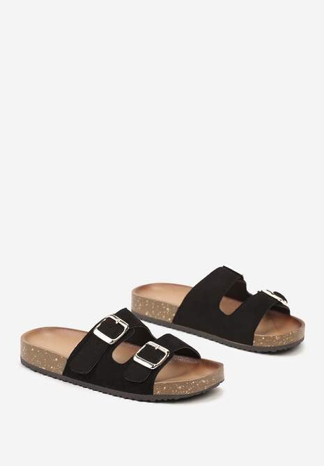 Czarne Klapki z Ekozamszu z Profilowaną Wkładką z Paskami i Klamrami Lettiea