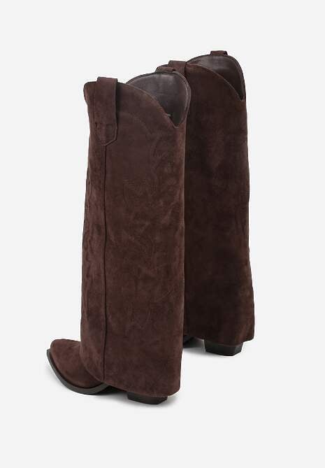 Brązowe Kozaki Kowbojki na Stożkowym Obcasie z Wywiniętą Cholewką z Haftem Fenassa