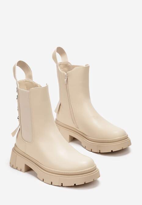 Beżowe Botki Sztyblety na Grubej Podeszwie z Ćwiekami Halinne