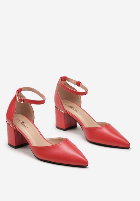 Czerwone Czółenka na Słupku z Noskiem w Szpic i Paskiem Przy Kostce Triga