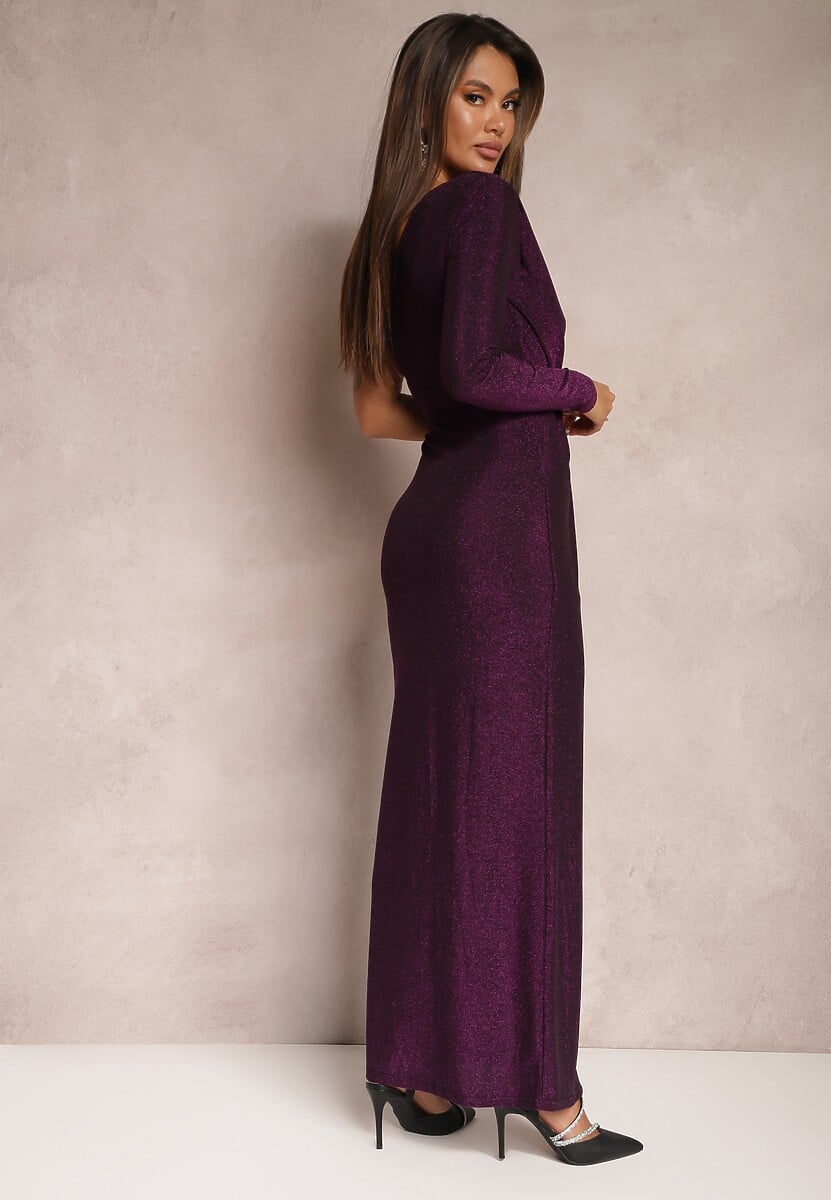 Fioletowa Asymetryczna Sukienka z Metalicznym Wykończeniem Rozcięciem i Drapowaniem Abevinna
