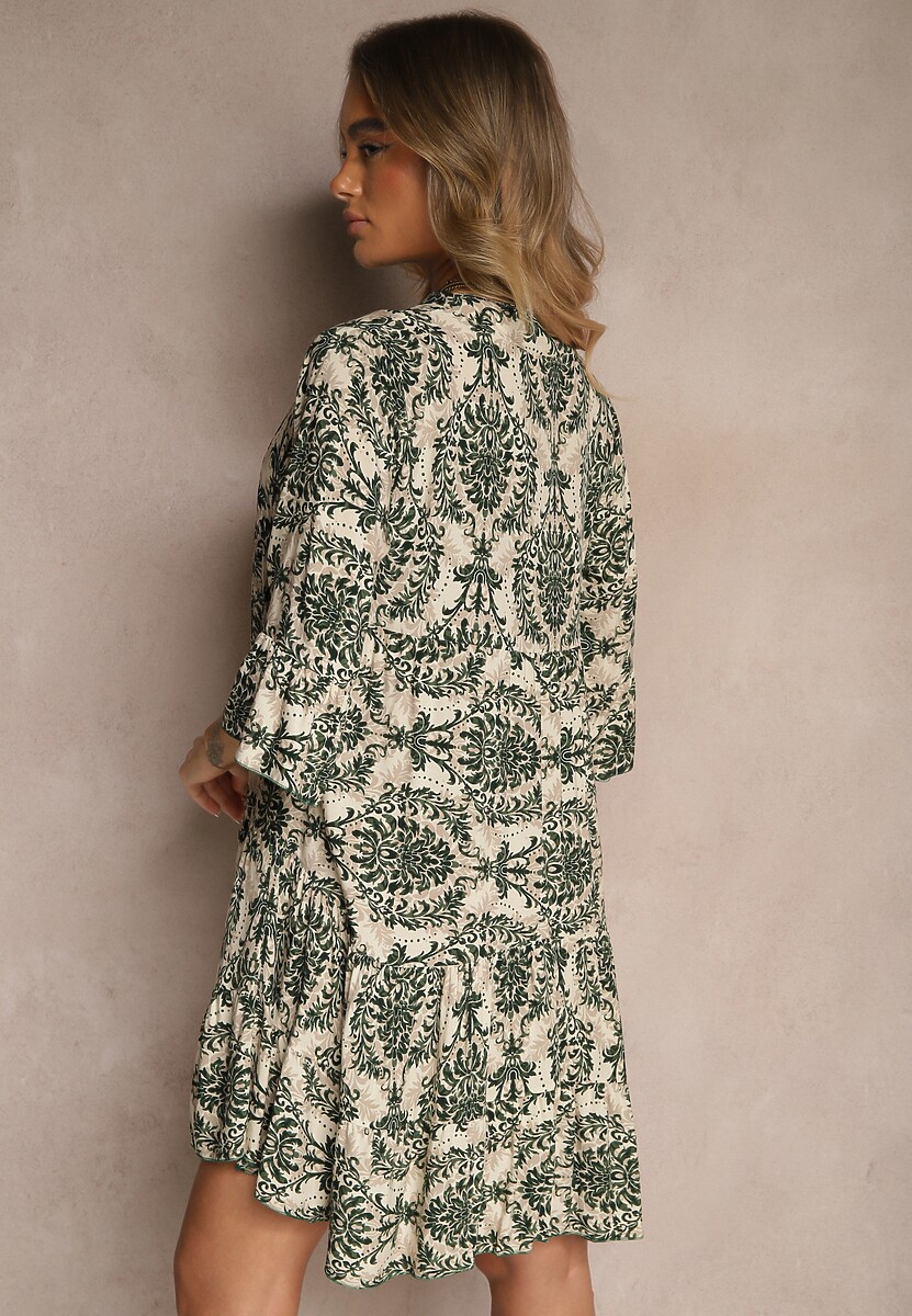 Ciemnozielona Bawełniana Sukienka o Rozkloszowanym Kroju w Ornamentalny Print Laniwea
