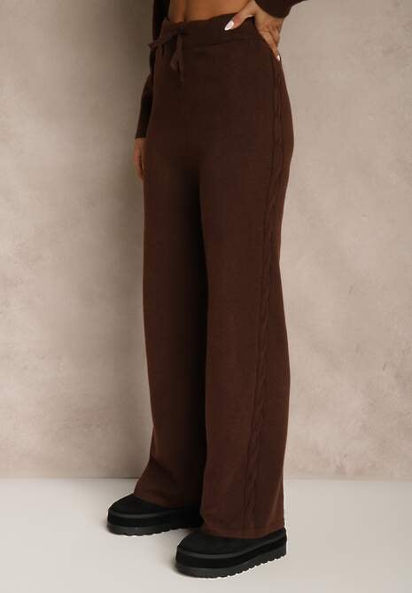 Brązowy Dzianinowy Komplet z Wełną w Warkoczowy Splot Spodnie i Sweter Reinette