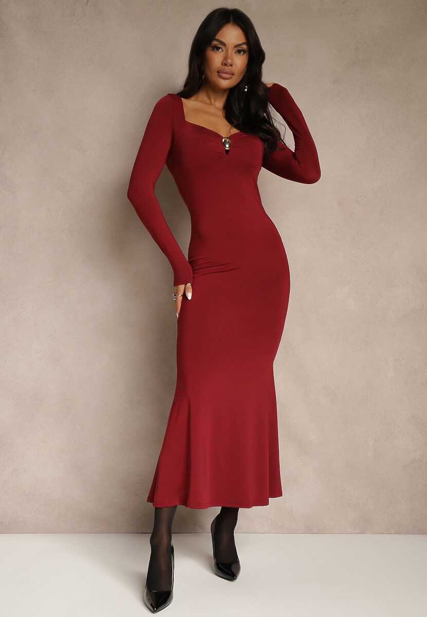 Brązowa Sukienka Koktajlowa z Wiskozą i Metaliczną Klamrą przy Dekolcie Refire