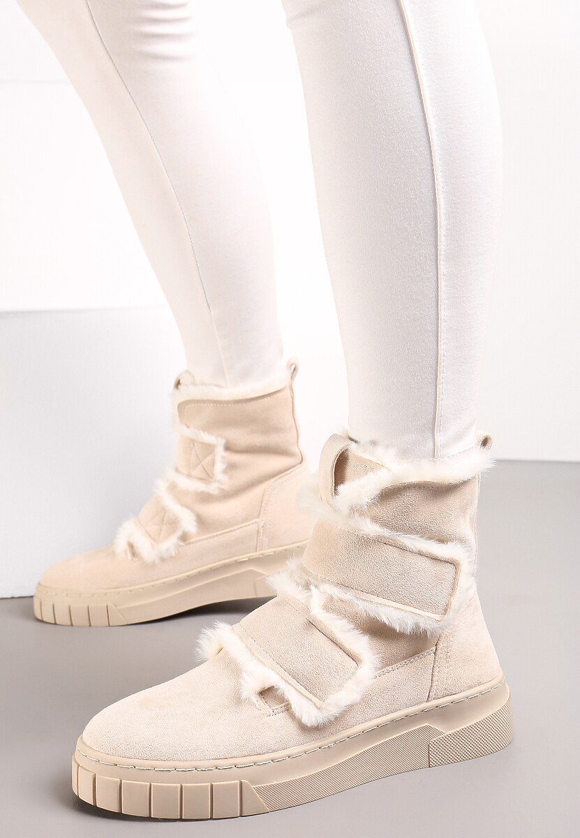 Beżowe Botki za Kostkę z Ozdobnym Futerkiem Eskara