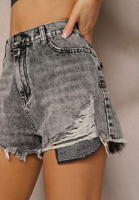 Szare Szorty Jeansowe z Bawełny High Waist z Cyrkoniami Postrzępione na Nogawkach Moalia