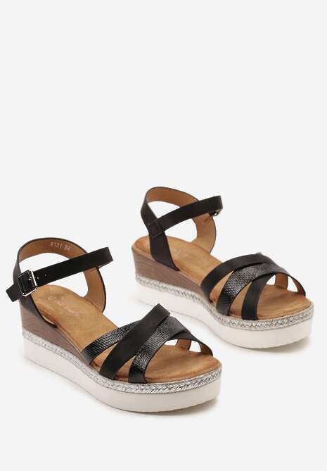 Czarne Casualowe Sandały na Koturnie na Plecionej Podeszwie z Ozdobnymi Paskami Zapinane Wokół Kostki Isabellane