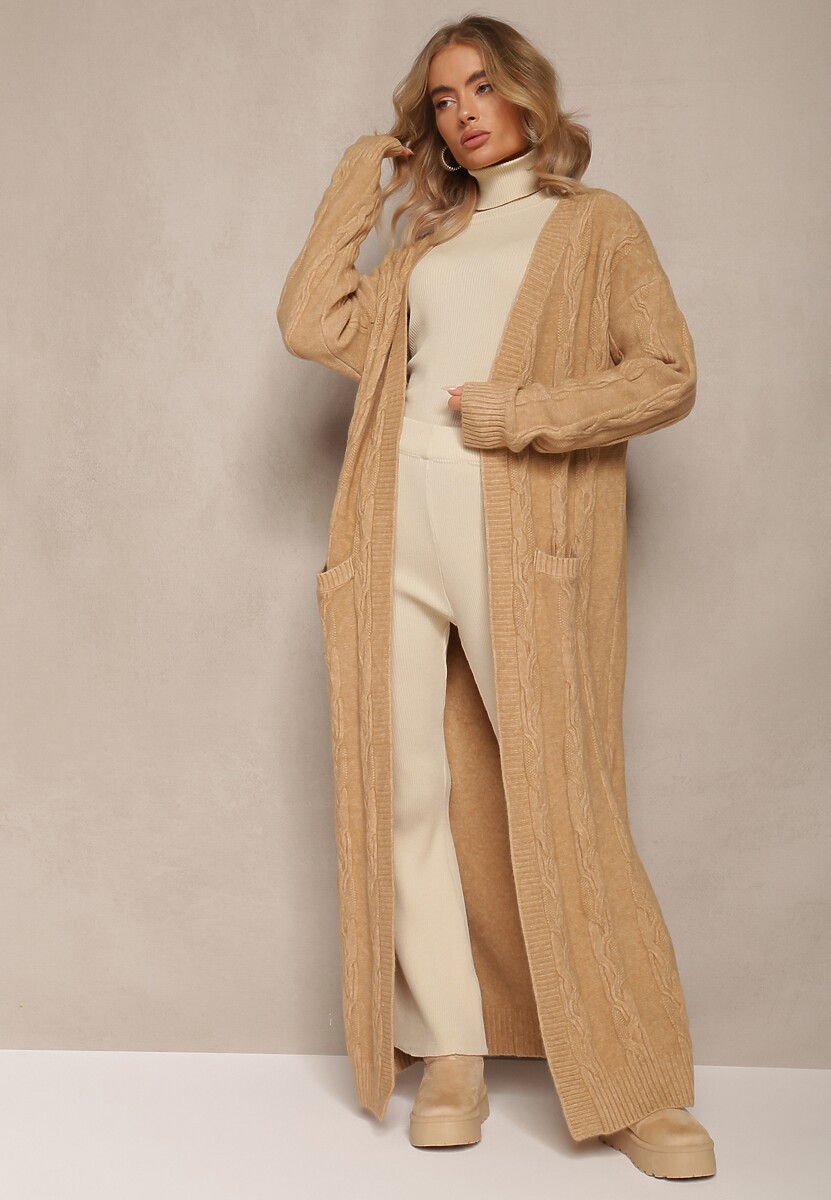 Beżowy Kardigan o Wydłużonym Fasonie Niezapinany ze Splotem w Warkocz Ottimia