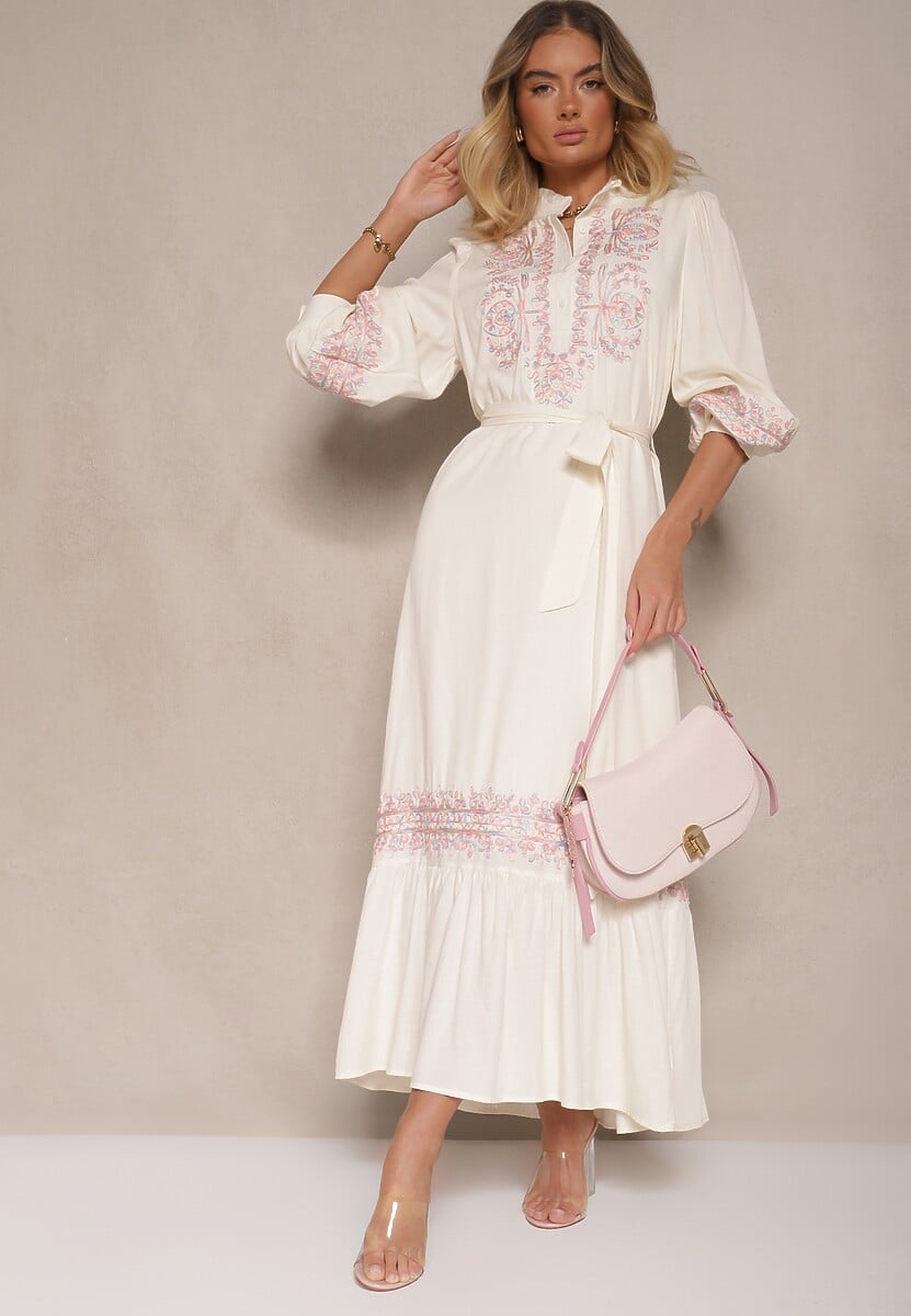 Jasnobeżowa Wiskozowa Sukienka Boho o Rozkloszowanym Kroju ze Stójką i Haftem Kolessaria