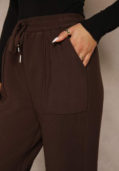 Brązowe Ocieplane Spodnie z Gumką w Pasie Prokana