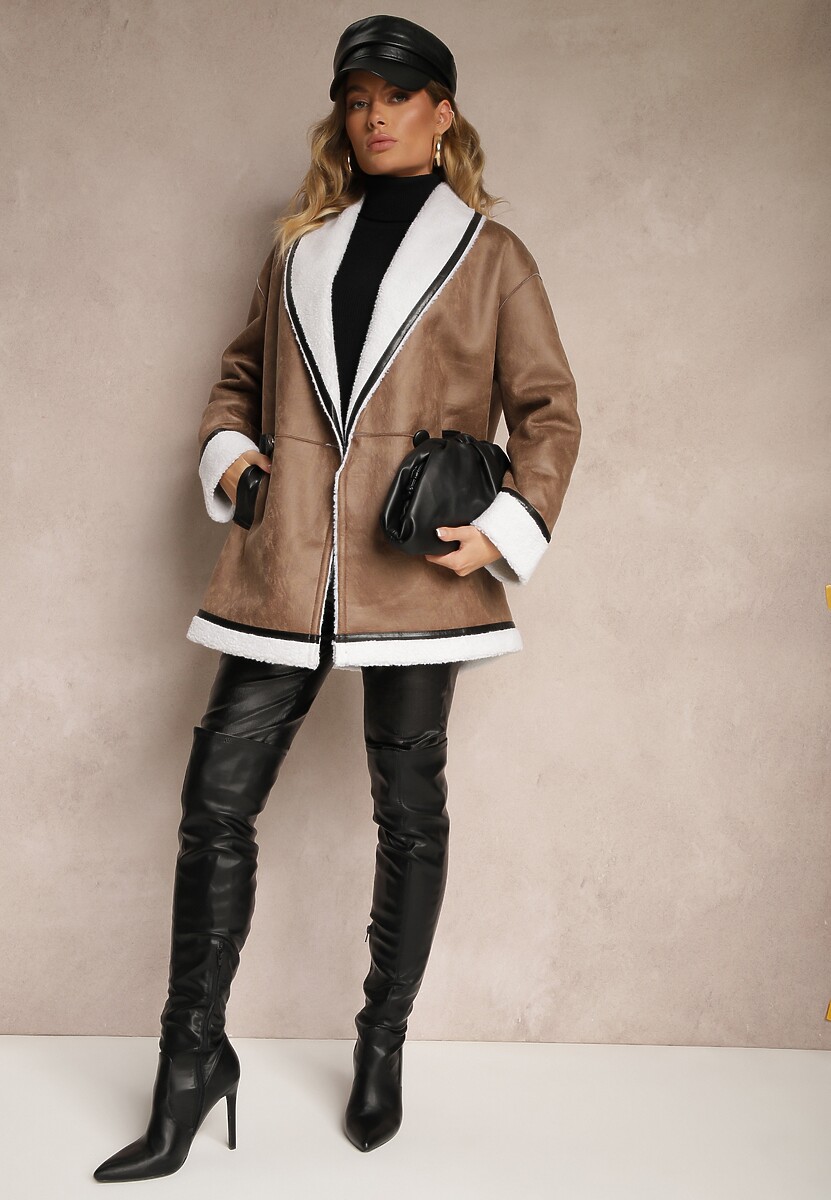 Ciemnobrązowa Marynarkowa Kurtka Biker z Futerkiem Typu Baranek Salethiel