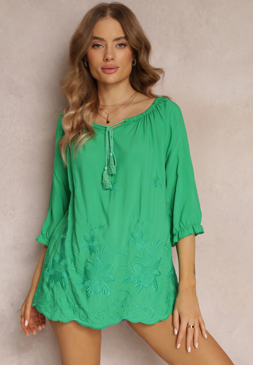 Zielona Bluzka Hiszpanka z Ozdobnym Wiązaniem i Haftem Chesa