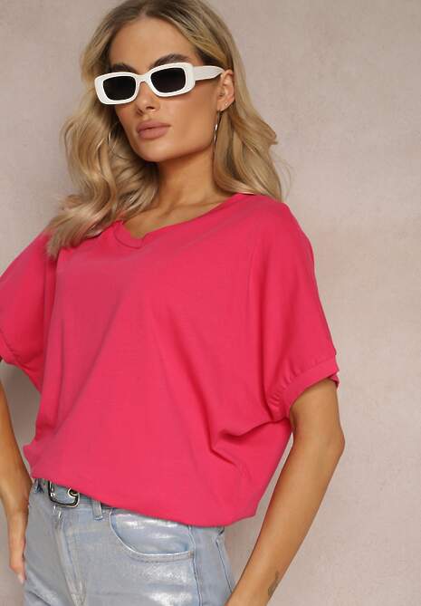 Ciemnoróżowy T-shirt Oversize o Przedłużonym Kroju Echinopa