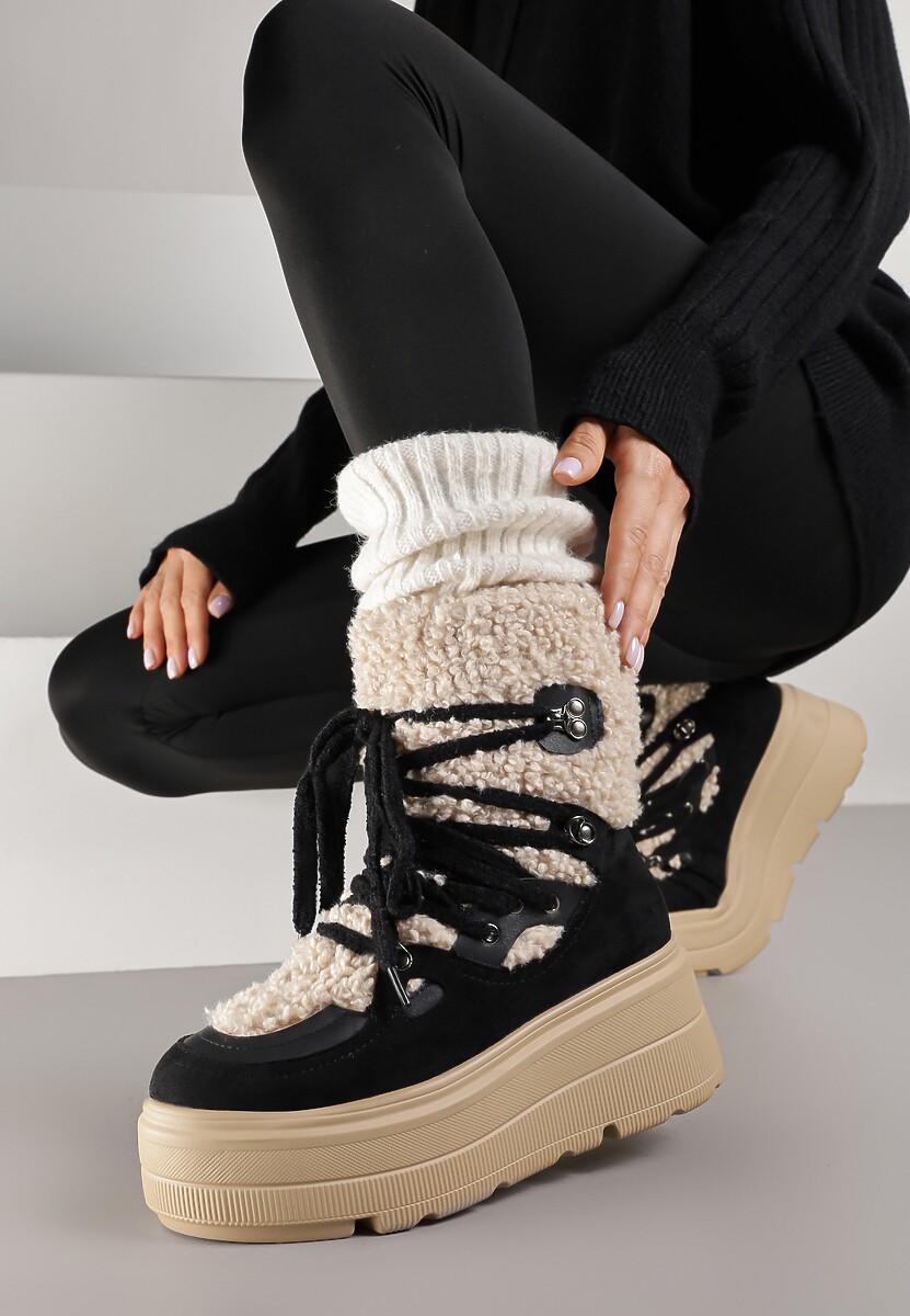 Beżowe Śniegowce na Grubej Podeszwie ze Sznurowaną Cholewką z Futerkiem Zerisa