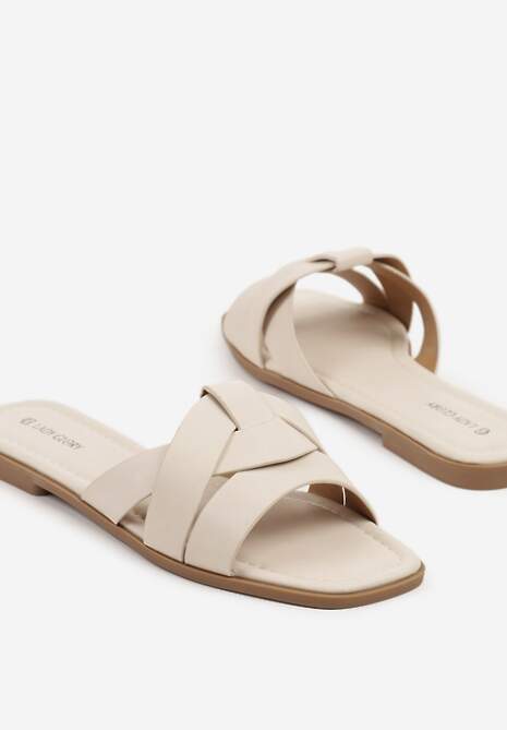 Beżowe Klapki Ozdobione Geometryczną Cholewką Orrona