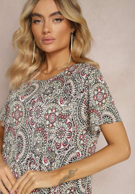 Zielono-Różowa Krótka Sukienka w Stylu Boho z Elastycznej Wiskozy z Krótkimi Rękawami Ailoni