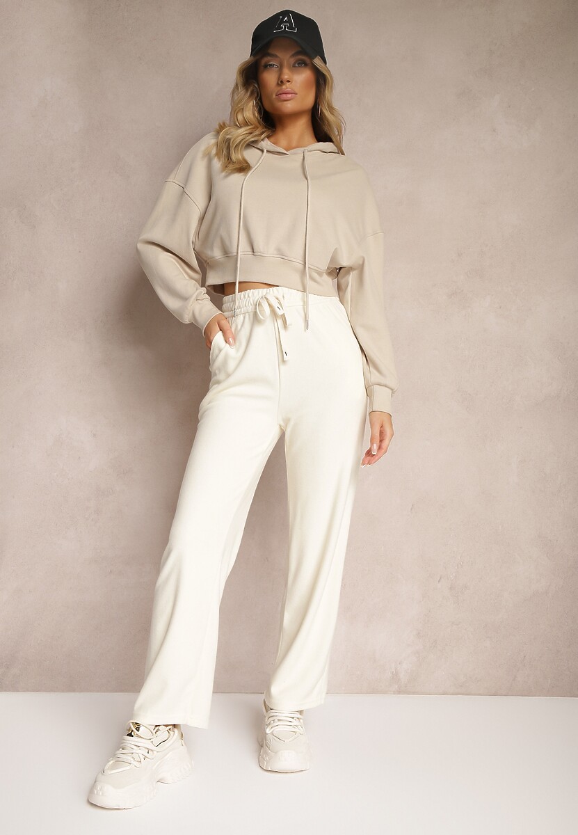 Jasnobeżowe Spodnie z Dodatkiem Wiskozy High Waist o Szerokim Kroju ze Sznurkami Isnia