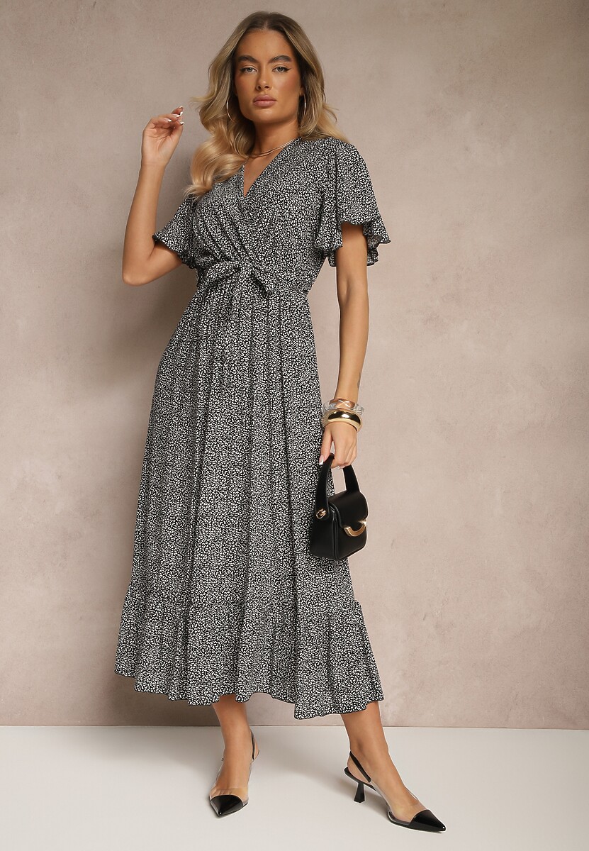 Czarna Sukienka z Bawełny z Kopertowym Dekoltem i Paskiem Hulinea