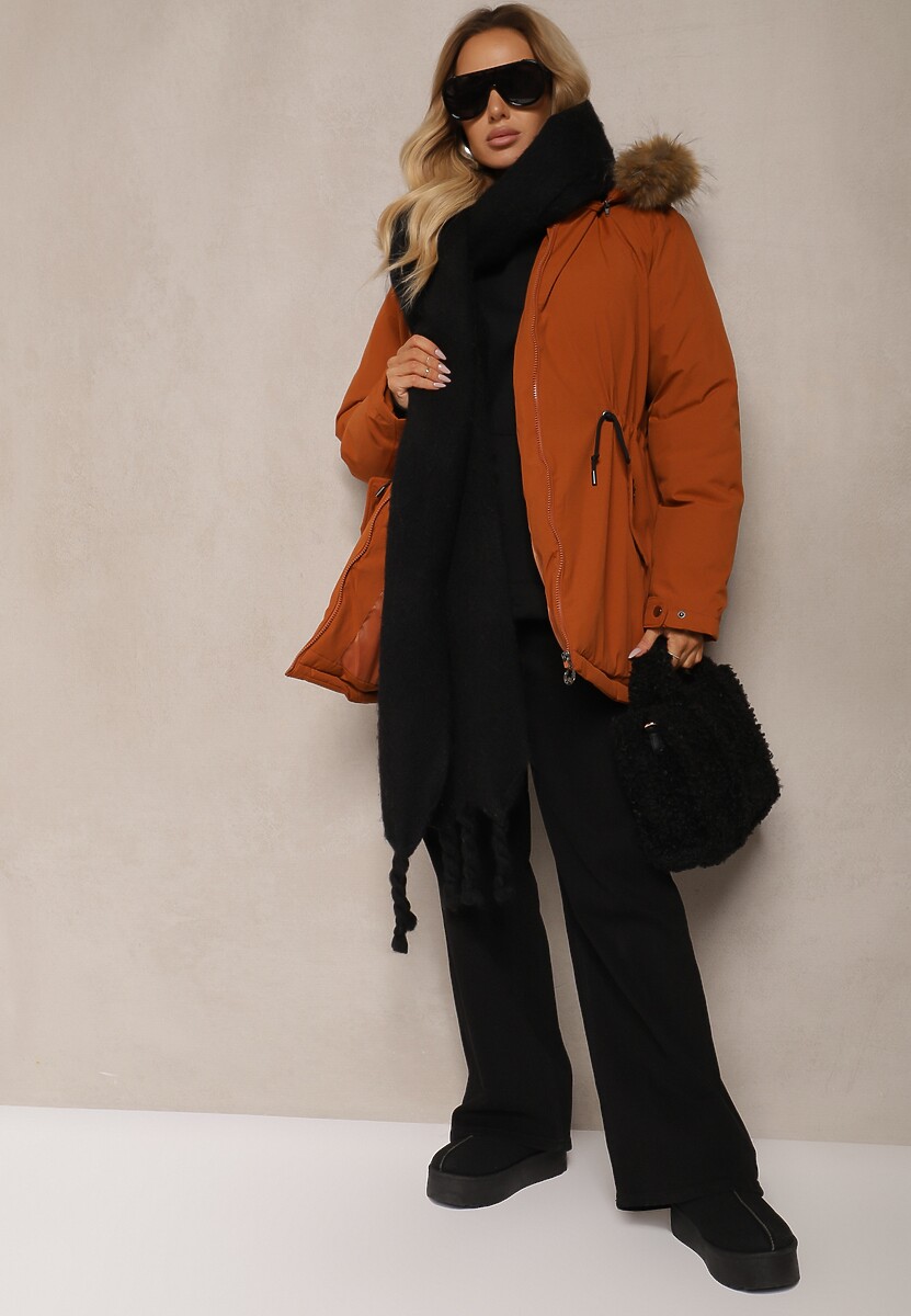 Brązowa Kurtka w Stylu Parka ze Ściągaczami w Talii i Odpinanym Kapturem z Futerkiem Fezirra